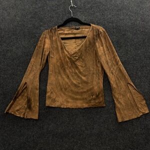 Vanity Vintage 90s Bell Sleeve Top Brown Tie Dye Glitter V-Neck Large